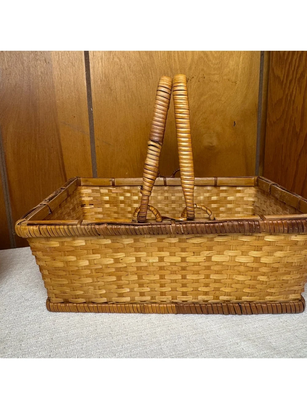 Vintage Woven Rattan Basket Rectangular Handled Storage Basket Boho Decor